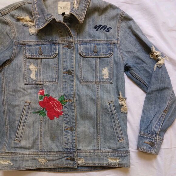 Hidden Embroidered Distressed Denim Jean Jacket Grunge Y2K Women's Size XS - Picture 4 of 16